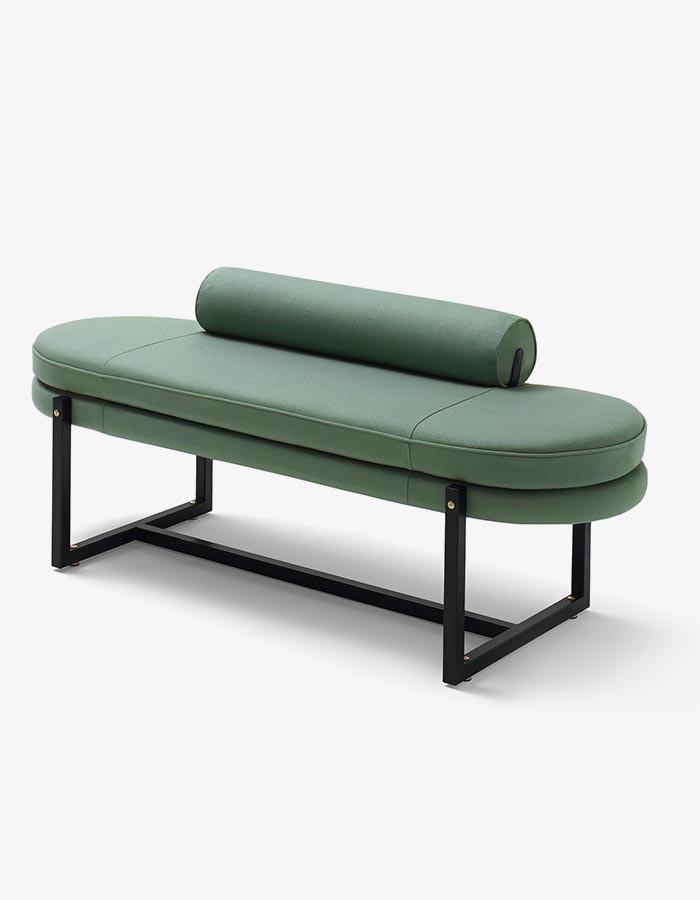 Haki Yeşili Keten Kumaşlı Siyah Metal Ayaklı Oval Bench Bank